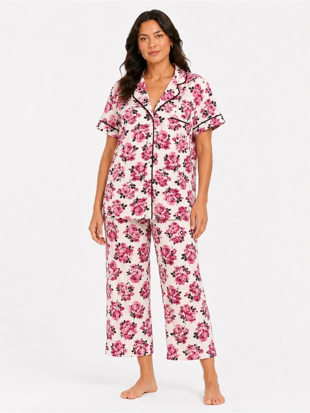 Kate Spade Pink Rose Floral Pajama Set Black Trim XL